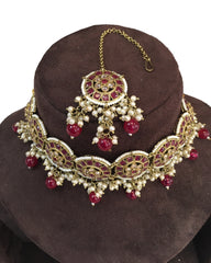 Maroon  - Large Size Antique Gold Finish Necklace Set with Earrings - RAK05  VY 0424