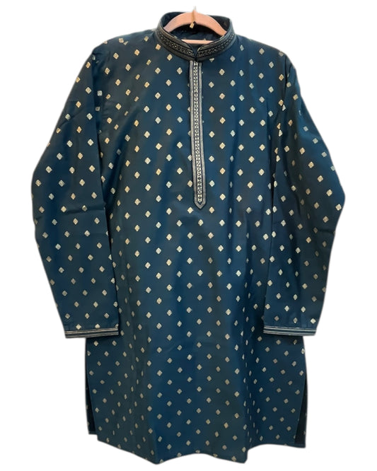 Petrol Blue - Banarasi Handloom Mens Indian Kurta set - UK Stock - Weddings / Walimas , Sangeet, Diwali, Eid, Mehndi / Henna - VEE2464 VR