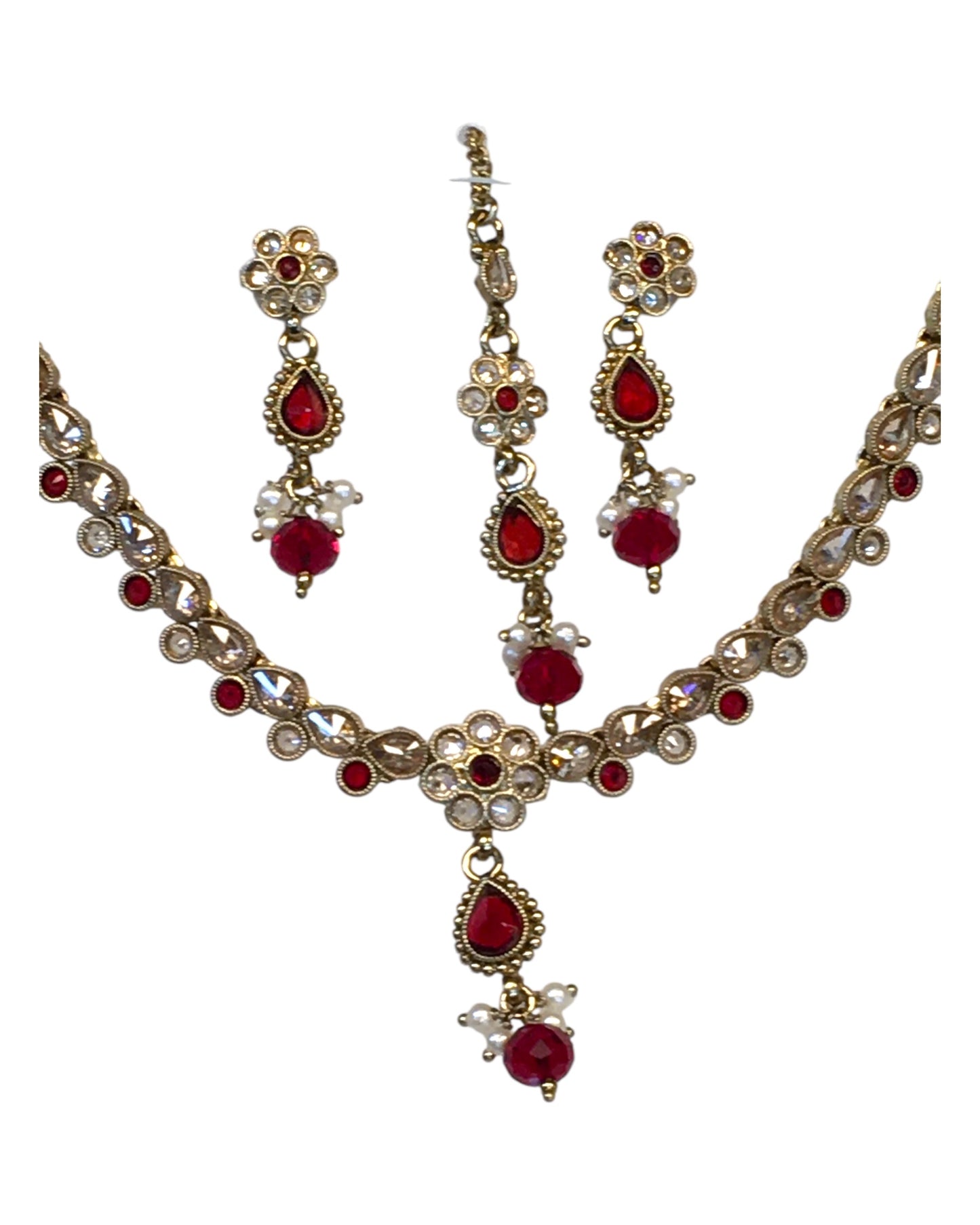 Red - Small Size Antique Gold Finish Necklace Set with Earrings & Head Piece /Tika- SLV78  11Ap24