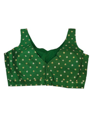 Green - Gold / Silver Embroidery Silky Saree blouse with cups,  Sleeveless - 38