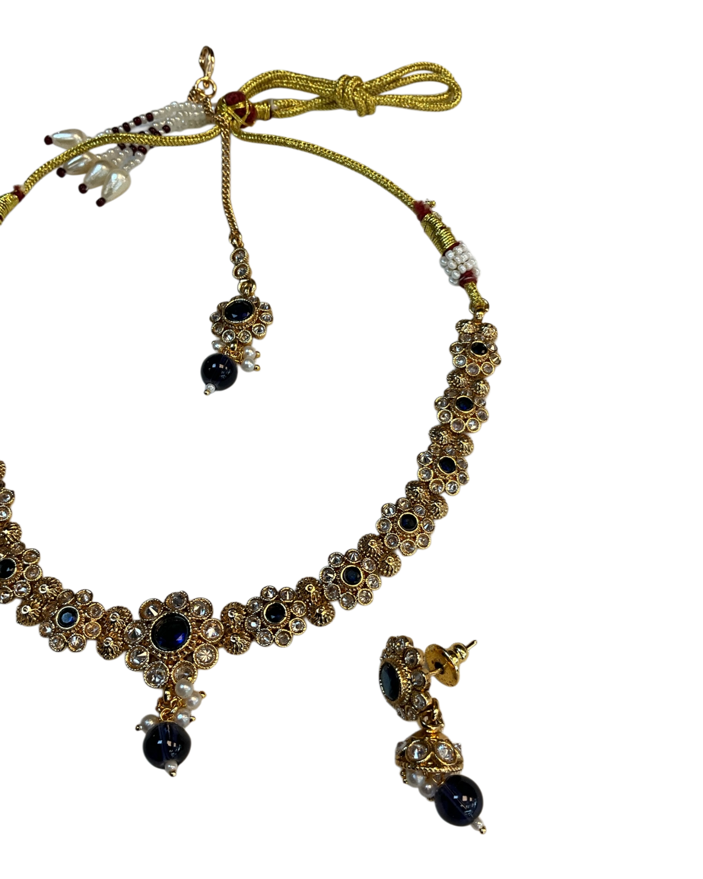 Navy Blue - Medium Size Gold Finish Necklace Set with Earrings & Head Piece - SLV90 04Cp26