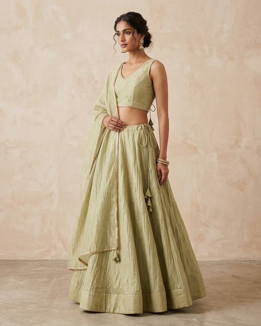 Gold - Crushed Tissue Lehenga Set - Mehndi / Sangeet / Bridesmaids / Weddings / Garba  - Size UK 12 (38" Bust) Adjustable to Size 14 - UK Stock - 24h Dispatch - AF2604 02VA26