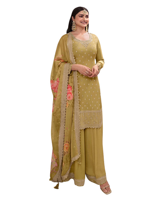 Beige - Simple / Classy Ladies Indian Palazzo Trousers Suit with Printed Dupatta - Size 14 (40") - VF67832 TK1024