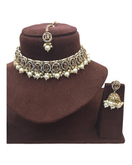 Gold / Pearl- Medium Reverse Stone Choker Necklace set - Bollywood - Weddings - MNA935 C 0923