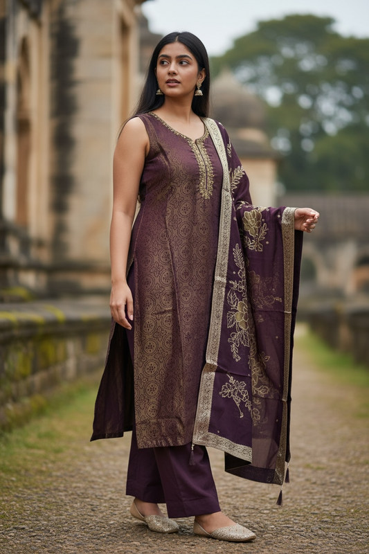 UK 14 / 40" - Wine - Silky Brocade Ladies Trousers Suit - Sangeet / Henna / Temple - OC42169 TJ