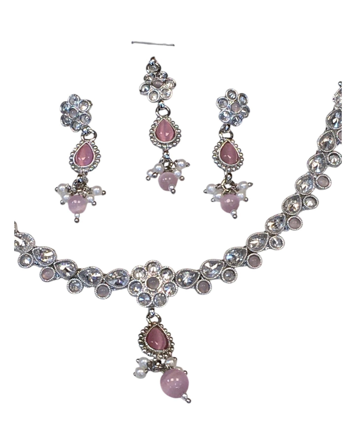 Pink - Small Size Silver Finish Necklace Set with Earrings & Head Piece /Tika- SLV78  11Ap24
