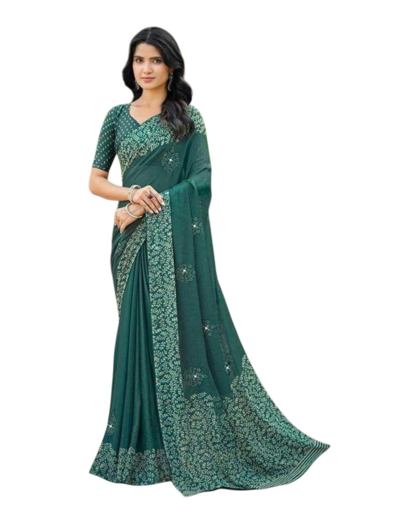 Teal - Chiffon Printed Saree with Blouse Piece - UK stock - 24hr Dispatch - LTF108 07KT26