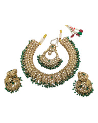 Green - Large Size Antique Gold Finish Necklace Set with Earrings & Tika (Head Piece) - UK Stock - GGA17 08KK25