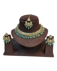 Turquoise Blue - Medium Size Antique Gold Finish Necklace Set with Earrings - RZ31 KYp