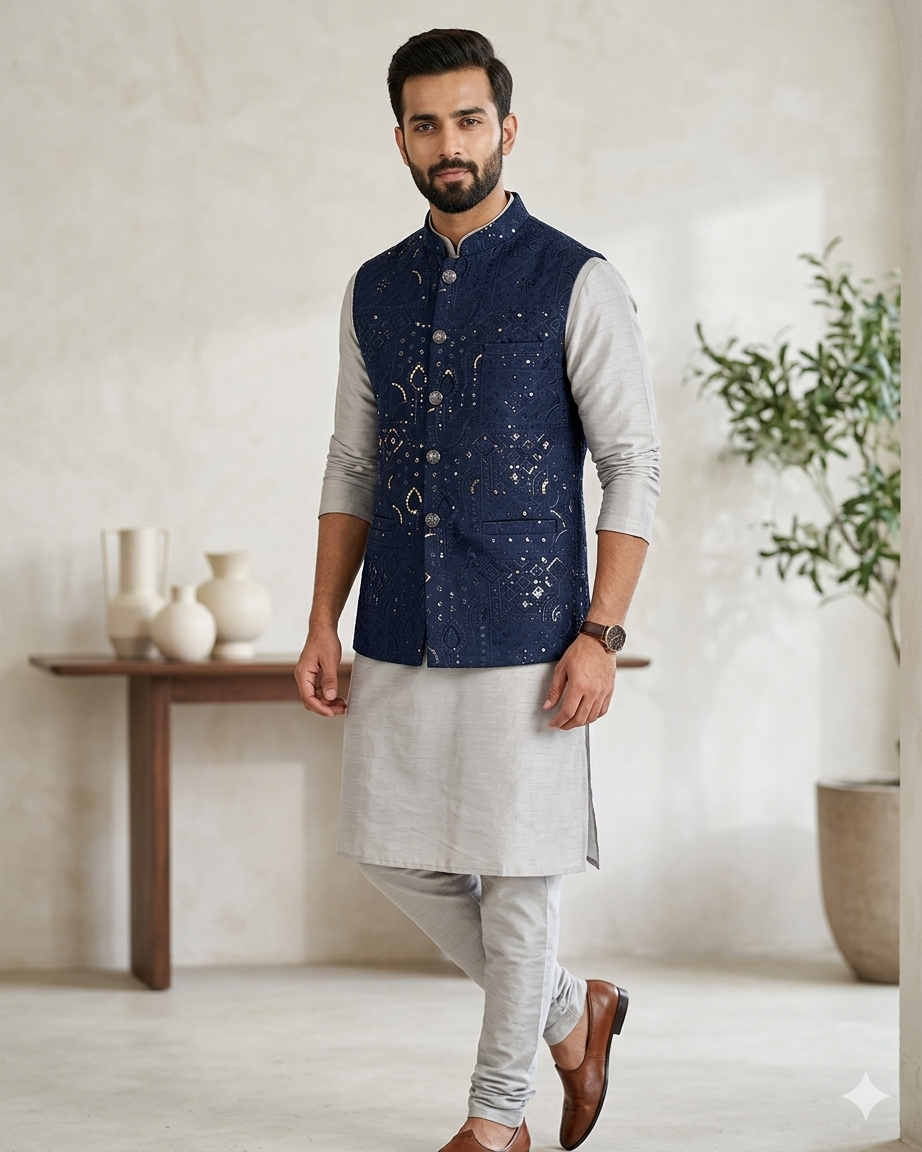 Navy Blue - Rich All Over Embroidered - Mens Indian Waistcoat - UK Stock - 24 hr Dispatch - KCS4088 06VV26