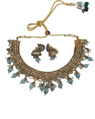 Sky Blue - Medium Size Antique Gold Finish Necklace Set with Earrings - HR1014  KK 0424
