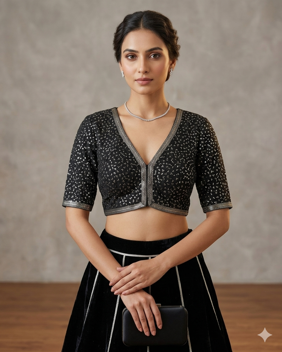 Size 42" / UK 16 - Black - Rich Silky Embroidered Saree blouse with cups - UK Stock - Quick Delivery - RNK - R885-KC