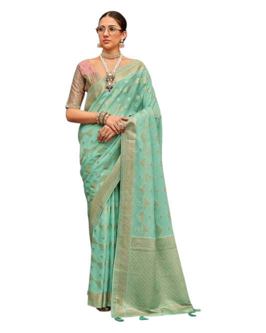 Sea Green - Handloom  - Chiffon Banarasi Saree with Blouse Piece - JOH1605 10TK25