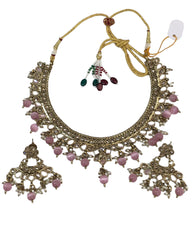 Pink - Medium Size Antique Gold Finish Necklace Set with Earrings - HR1008  KK 0424