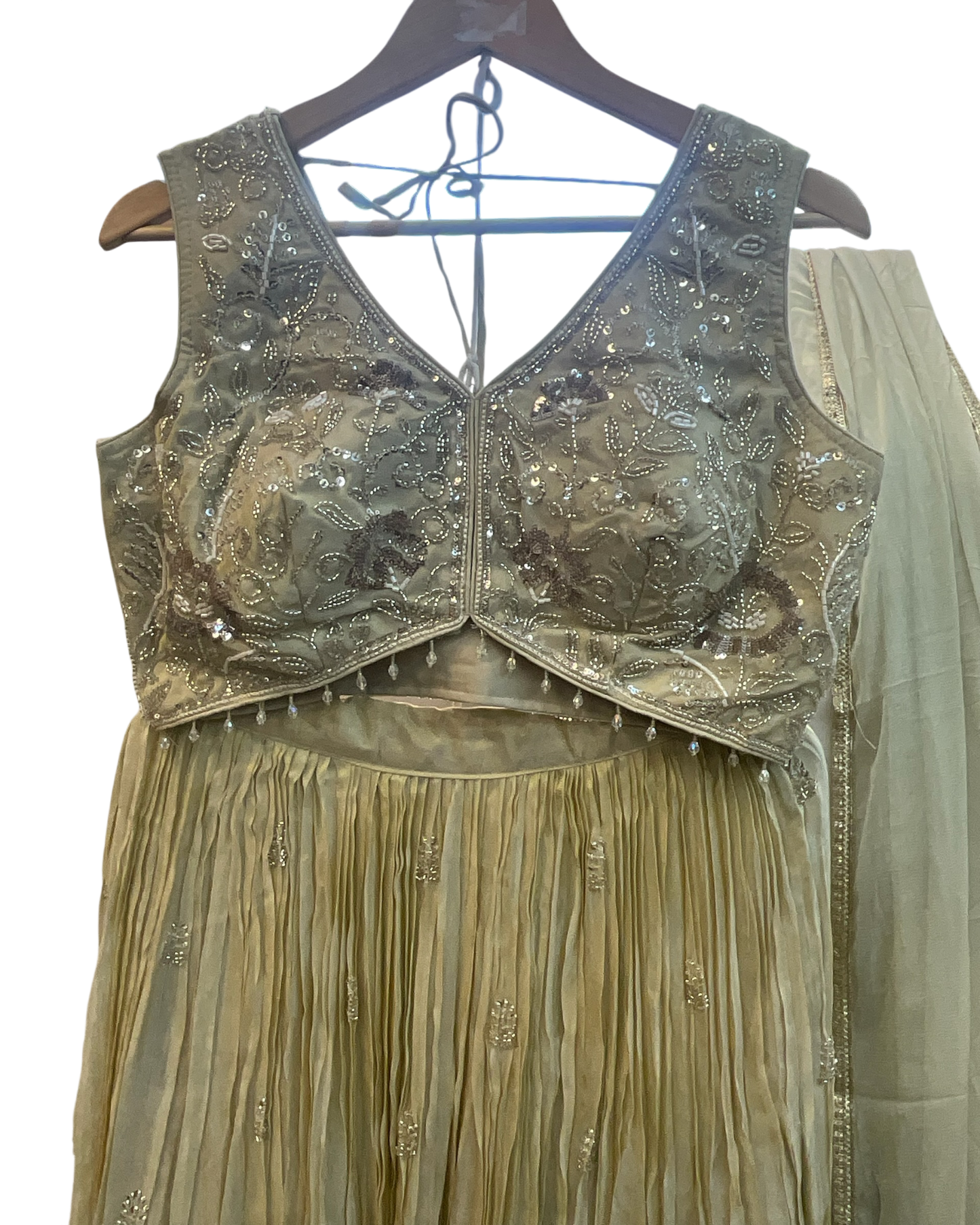 Size UK 14 (40" Bust) Sleeveless - Light Gold - Silky Lehenga Set - Mehndi / Sangeet / Bridesmaids / Weddings / Garba  - UK Stock - 24h Dispatch - KM- Balsa 07TR26