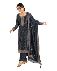 Dark Grey - Rajastahan Print Velvet Ladies Indian Salwar Suit with Dupatta - KK65676 TA 1023