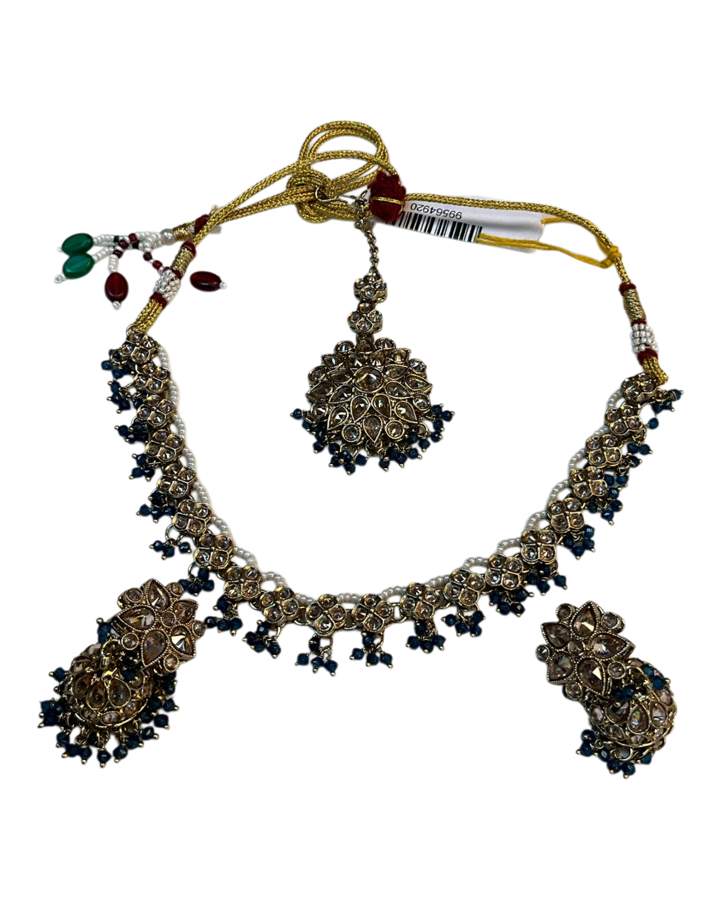 Blue - Medium Size Antique Gold Finish Necklace Set with Earrings & Head Piece - RAK436 04A26