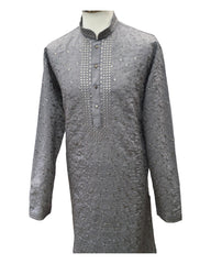 Silver / Grey - Cotton Silky Self Brocade Mens Kurta Set - Sangeet Mehendi Haldi - KCS1193 VC 1123