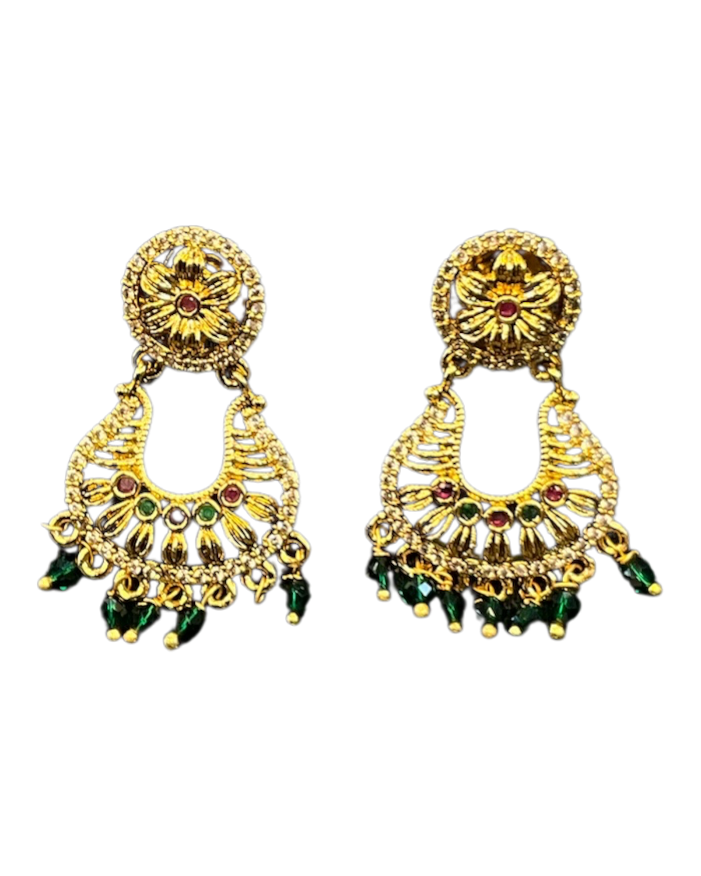 Green - Medium - Gold Finish Traditional Earrings - Bollywood - Weddings - AE2603 T