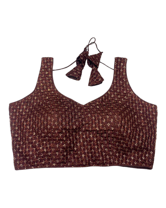 Brown - Fully Embroidered V neck Saree / Lehenga blouse - With Cups - Margin to loosen - UK Stock - AF2344 H 0923