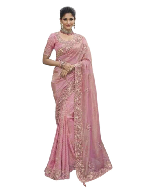 Dusty Pink- Handloom  - Designer Embroidered Saree with Blouse Piece - SULBRI4008 PY 0425