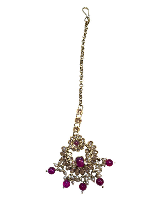 Fuchsia - Large - Antique Gold Finish Traditional Tika Head piece - Bollywood - Weddings - PRI1773  11V24