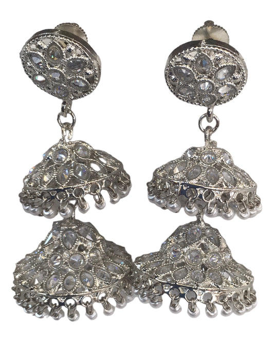 Clear Stone - Large - Silver Finish Traditional Zhumki Earrings - Bollywood - Weddings - HB992 C 0724