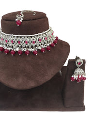 Fuchsia - Medium Size Silver Finish Choker Necklace Set with Earrings - RAK149  C 0424