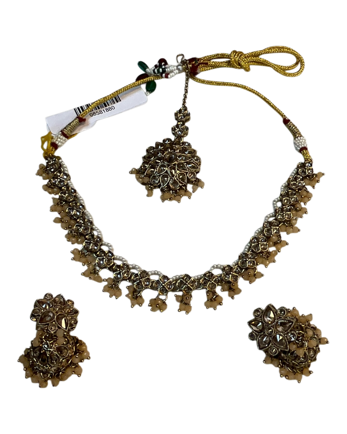 Peach - Medium Size Antique Gold Finish Necklace Set with Earrings & Head Piece - RAK436 04A26