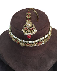 Maroon - Large Size Antique Gold Finish Necklace Set with Earrings - RAK95  KV 0424