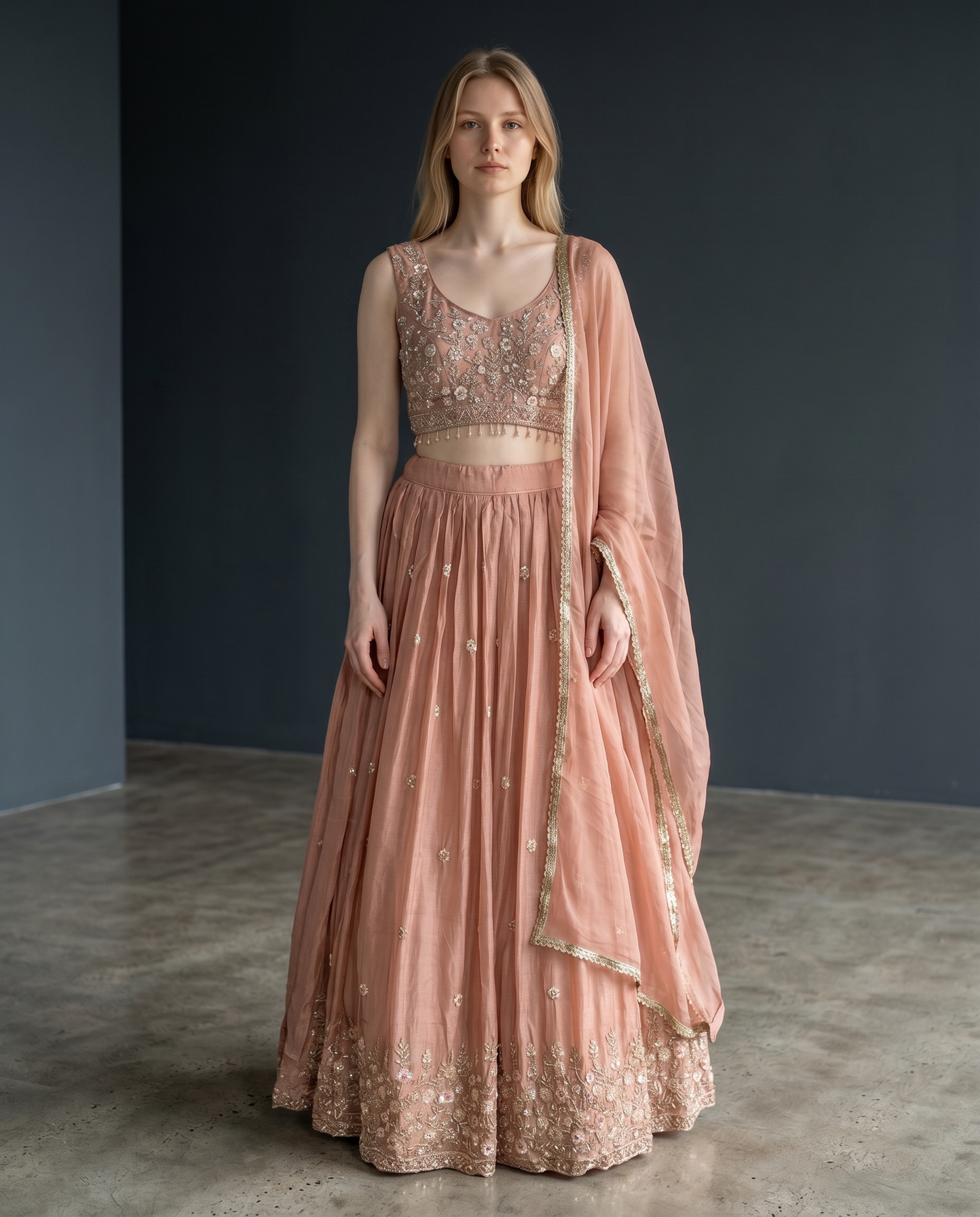 Size UK 10 (36" Bust) Adjustable to Size 12 - Pastel Coral Pink / Peach - Silky Lehenga Set - Mehndi / Sangeet / Bridesmaids / Weddings / Garba  - UK Stock - 24h Dispatch - KM557 07TP26