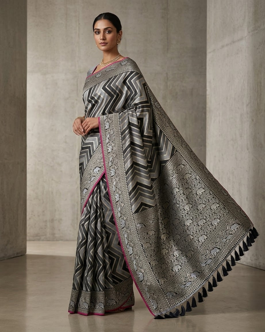 Grey - Traditional Handloom Saree with Blouse Piece - UK stock - 24hr Dispatch - SP2629 VJ