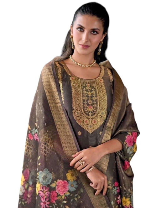 Dark Grey - Banarasi Handloom Ladies Indian Salwar Suit with Printed Dupatta - Available in Size 10 (36") LL-FAR22405 TY 1024