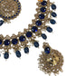 Blue - Large Size Antique Gold Finish Necklace Set with Earrings - SV2405  KJ 0424