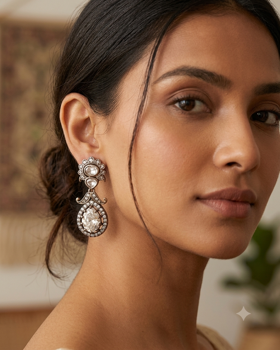 Clear / White - Small - Antique Gold Finish Traditional Earrings - Bollywood - Weddings - 15ER715 07J26
