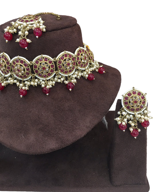 Maroon  - Large Size Antique Gold Finish Necklace Set with Earrings - RAK05  VY 0424