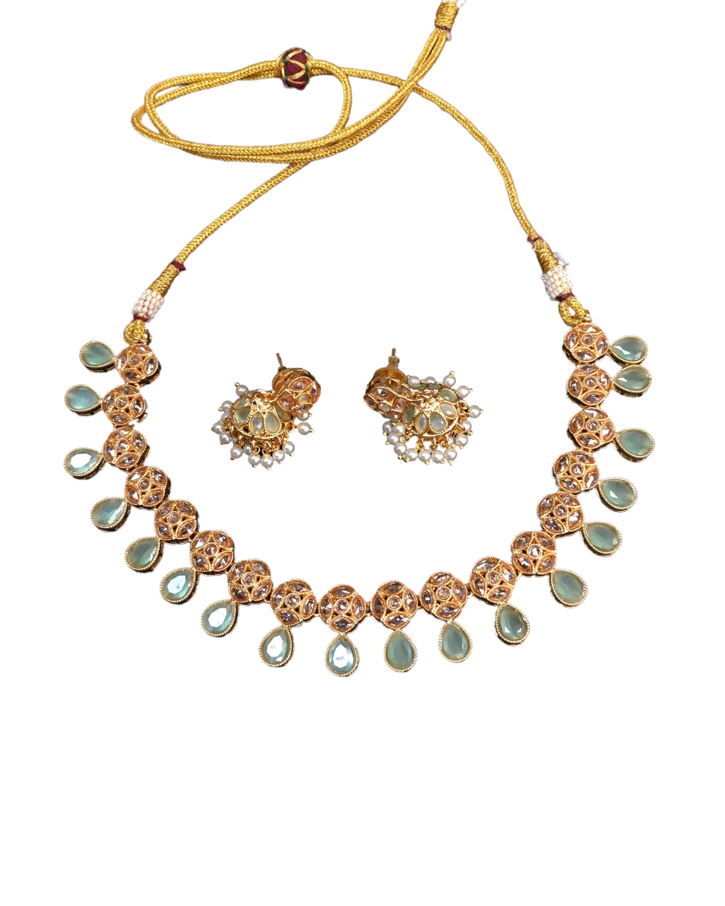 Mint Green - Medium Size Gold Finish Necklace Set with Earrings - TOH2403  Cp 0424