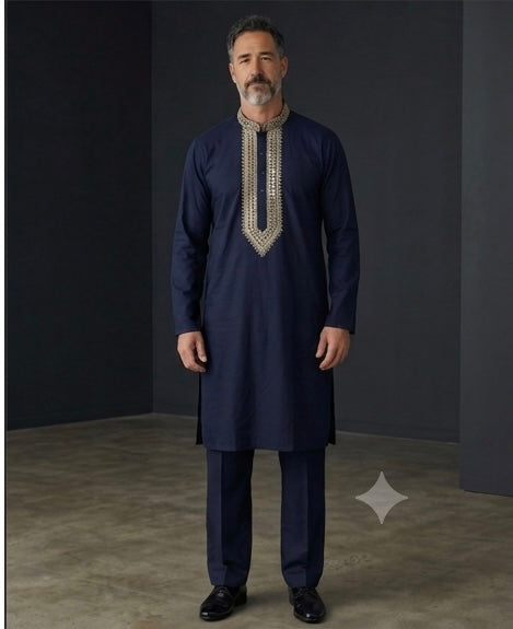 Dark Navy Blue - Soft Cotton Silky Mens Kurta Set with Rich Embroidery- Sangeet Mehendi Haldi - KCS2002 06VY26
