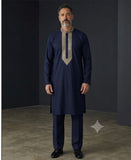 Dark Navy Blue - Soft Cotton Silky Mens Kurta Set with Rich Embroidery- Sangeet Mehendi Haldi - KCS2002 06VY26