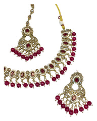 Magenta - Antique Gold Finish Necklace & Earrings Set - Bollywood - Weddings - KAJ996 11KT24
