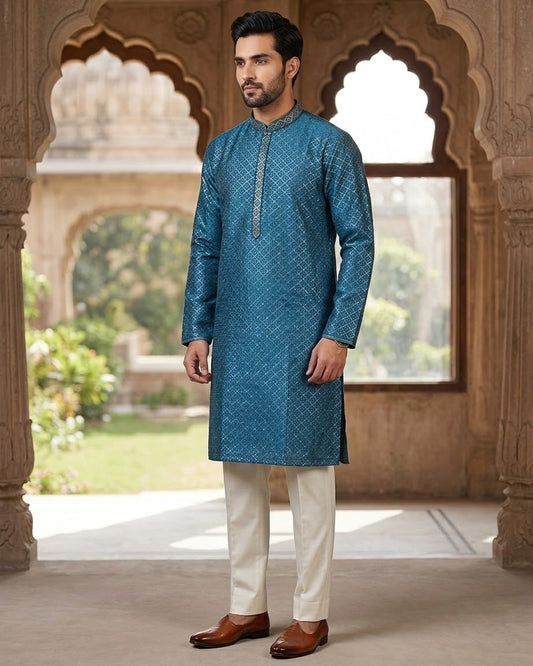 Blue - Men’s Embroidered Jacquard Kurta Set with Trousers - UK Stock - Weddings / Walimas , Sangeet, Diwali, Eid, Mehndi / Henna - VEE3045 VK