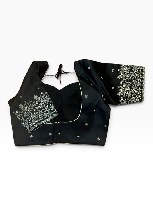 Size 36" / UK 10 - Black - Zari Embroidered Silk Blouse with Elbow-Length Sleeves - UK Stock - With Margin inside - VAM1296 - KY