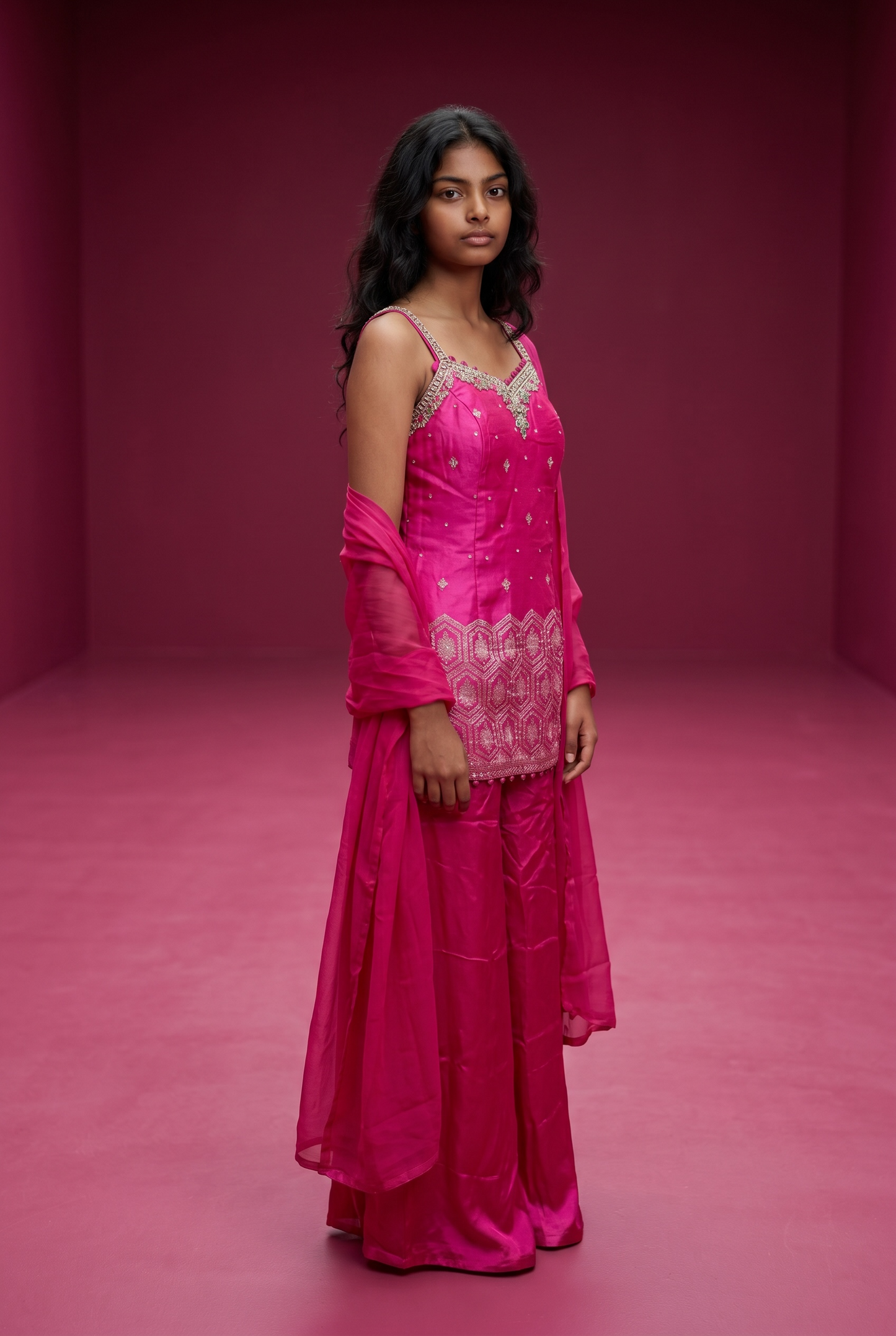 Size 12 (38") - Fuchsia / Magenta - Designer Ladies Medium Spaghetti Top Palazzo Trousers Suit - VMK Joshita JP