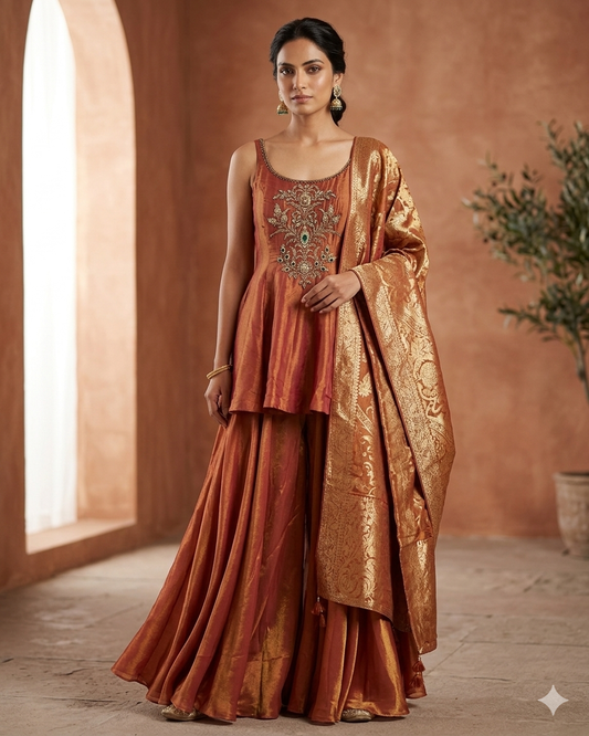 Rust / Orange - Designer Ladies Medium Spaghetti Top Palazzo Trousers Suit - Size 12 (38") - VMK KRUPA RJ