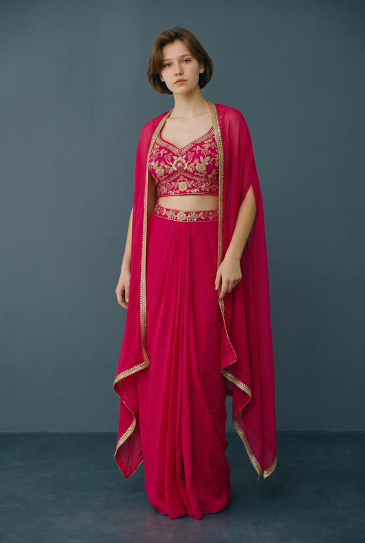 Size 12 (38") - Fuchsia Pink / Magenta - Designer Ladies Short Top Saree Suit - VMK Bhumi PY