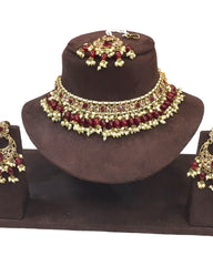 Maroon - Large Size Antique Gold Finish Necklace Set with Earrings - JE18  C 0424