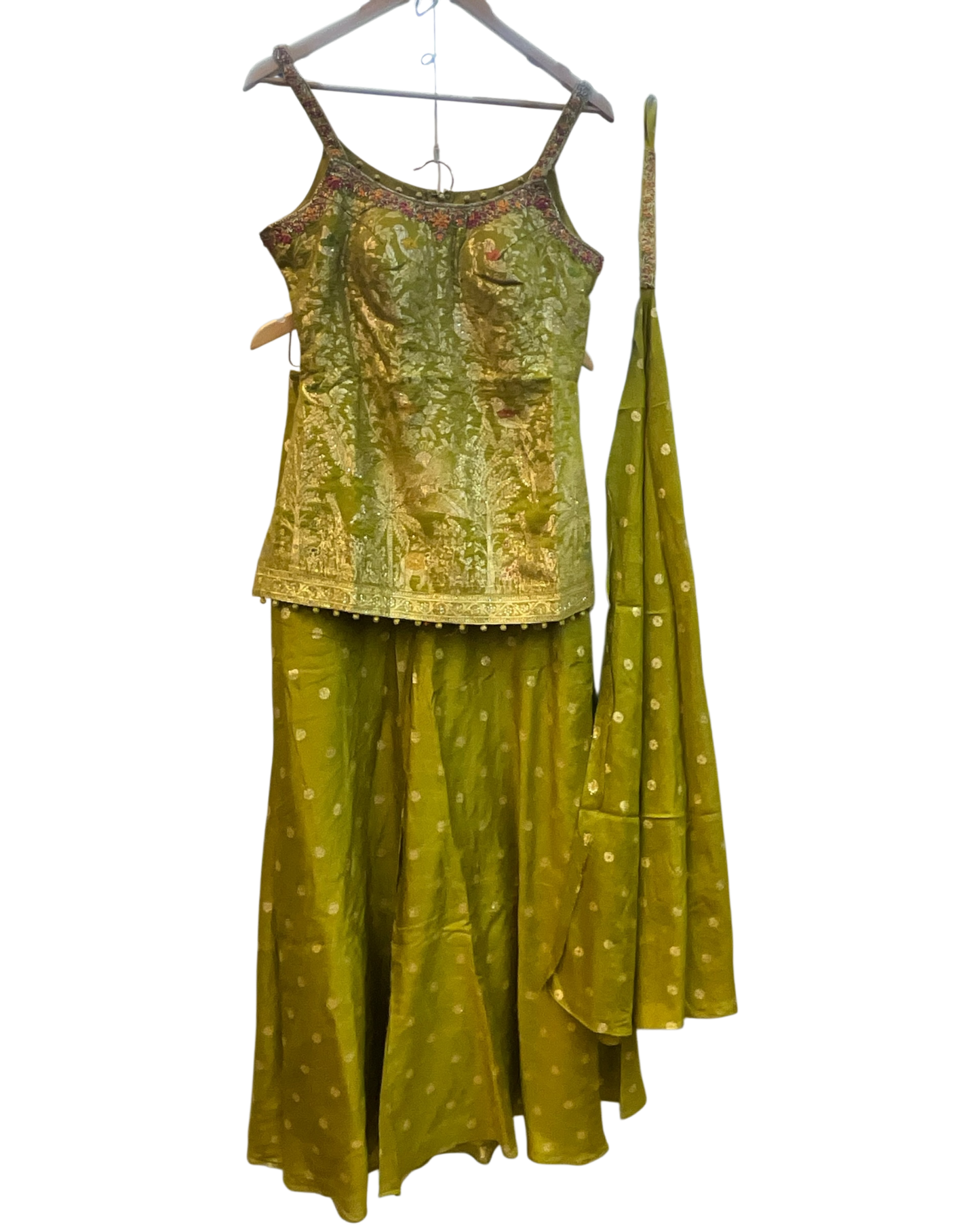 Size 12 (38") - Olive Green - Designer Ladies Medium Spaghetti Top Palazzo Trousers Suit - VMK Dulari JV