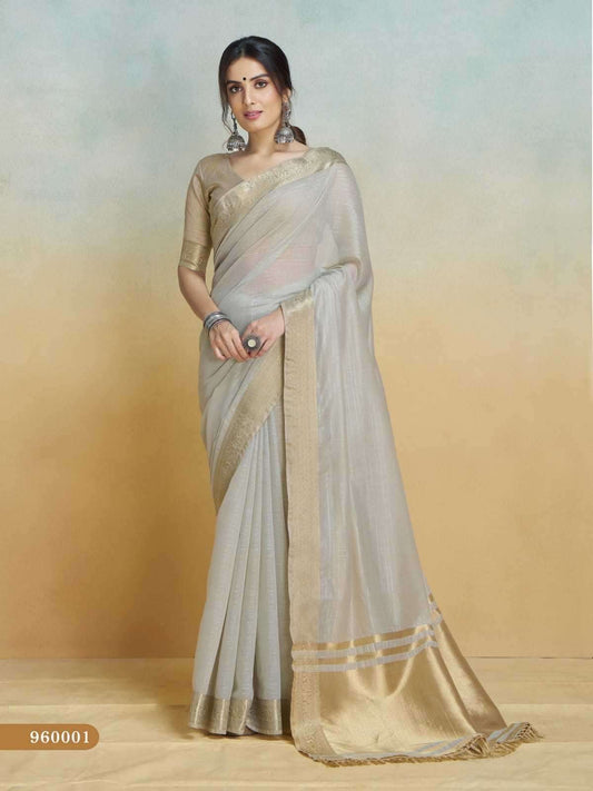 Light Grey - Handloom  -Cotton Silky Banarasi Saree with Blouse Piece - SHISLI960001 10KT25
