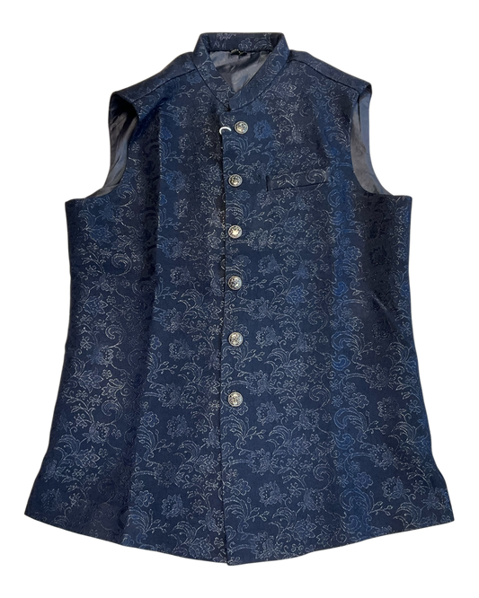Navy Blue - Self Brocade - Premium Banarasi Handloom Mens Indian Waistcoat - UK Stock - 24 hr Dispatch - VNS2601 03KP26