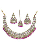 Fuchsia - Antique Gold Finish Necklace & Earrings Set - Bollywood - Weddings - DAJ547 11KV24